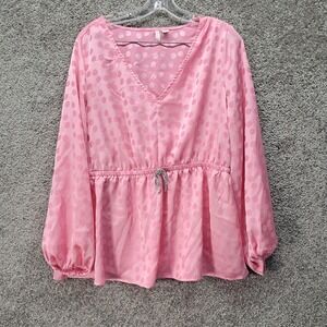 Cato Womens Pink Polka Dot V-Neck Peplum Top with Rhinestone Bow Size 14/16W